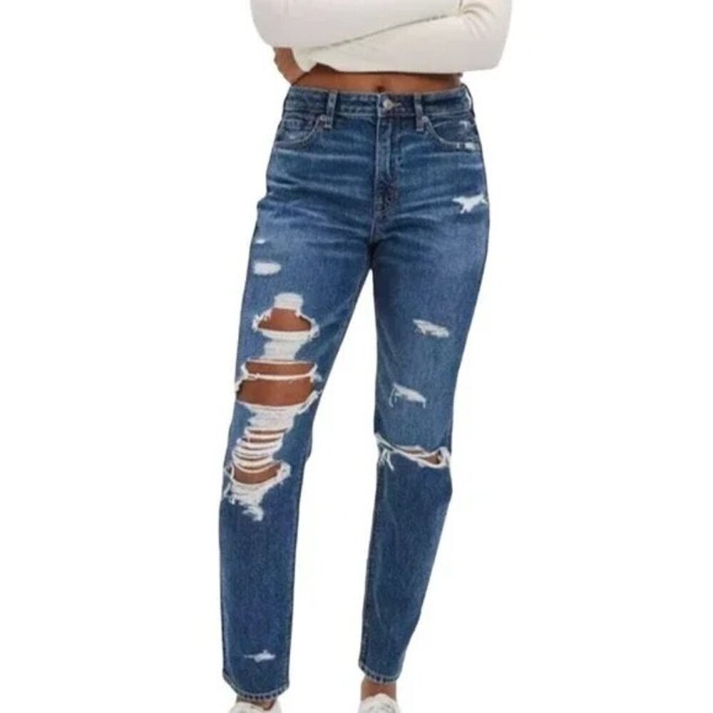 AMERICAN EAGLE Strigid High-Rise Distressed Mom Jeans with Floral Embroidery